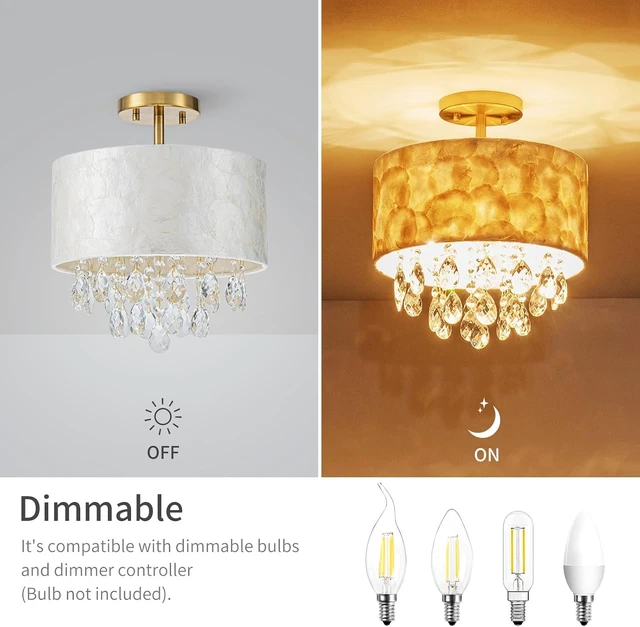 Alt view image 3 of 7 - LumFurn D12in Drum Capiz Shell Crystal Ceiling Light, 3-Light Coastal Style Semi-Flushmount Light Fixture for Hallway, Entryway & Bedroom, K9 Crystal & Shell Lampshade & Gold Finish Frame