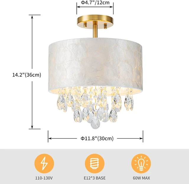 Alt view image 2 of 7 - LumFurn D12in Drum Capiz Shell Crystal Ceiling Light, 3-Light Coastal Style Semi-Flushmount Light Fixture for Hallway, Entryway & Bedroom, K9 Crystal & Shell Lampshade & Gold Finish Frame