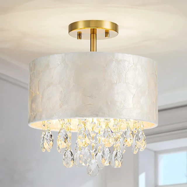 Main image of LumFurn D12in Drum Capiz Shell Crystal Ceiling Light, 3-Light Coastal Style Semi-Flushmount Light Fixture for Hallway, Entryway & Bedroom, K9 Crystal & Shell Lampshade & Gold Finish Frame
