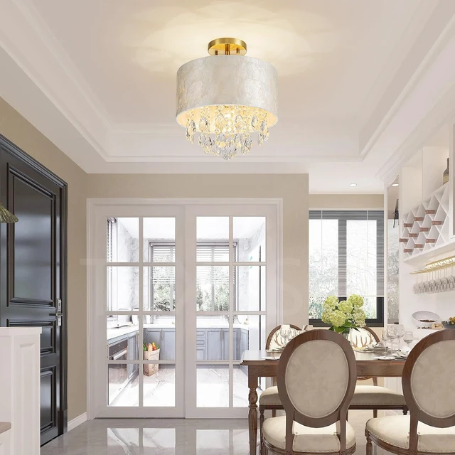 Alt view image 4 of 7 - LumFurn D12in Drum Capiz Shell Crystal Ceiling Light, 3-Light Coastal Style Semi-Flushmount Light Fixture for Hallway, Entryway & Bedroom, K9 Crystal & Shell Lampshade & Gold Finish Frame