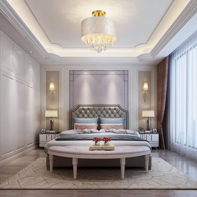 Alt view image 6 of 7 - LumFurn D12in Drum Capiz Shell Crystal Ceiling Light, 3-Light Coastal Style Semi-Flushmount Light Fixture for Hallway, Entryway & Bedroom, K9 Crystal & Shell Lampshade & Gold Finish Frame
