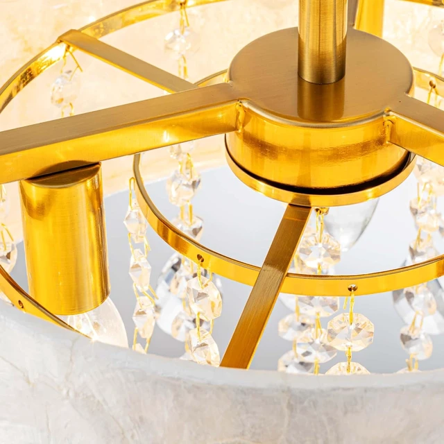 Alt view image 7 of 7 - LumFurn D12in Drum Capiz Shell Crystal Ceiling Light, 3-Light Coastal Style Semi-Flushmount Light Fixture for Hallway, Entryway & Bedroom, K9 Crystal & Shell Lampshade & Gold Finish Frame