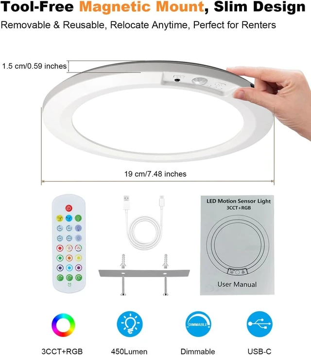 Alt view image 2 of 7 - 8000mAh Rechargeable RGBCW Motion Sensor Ceiling Light, Tunable White & RGB