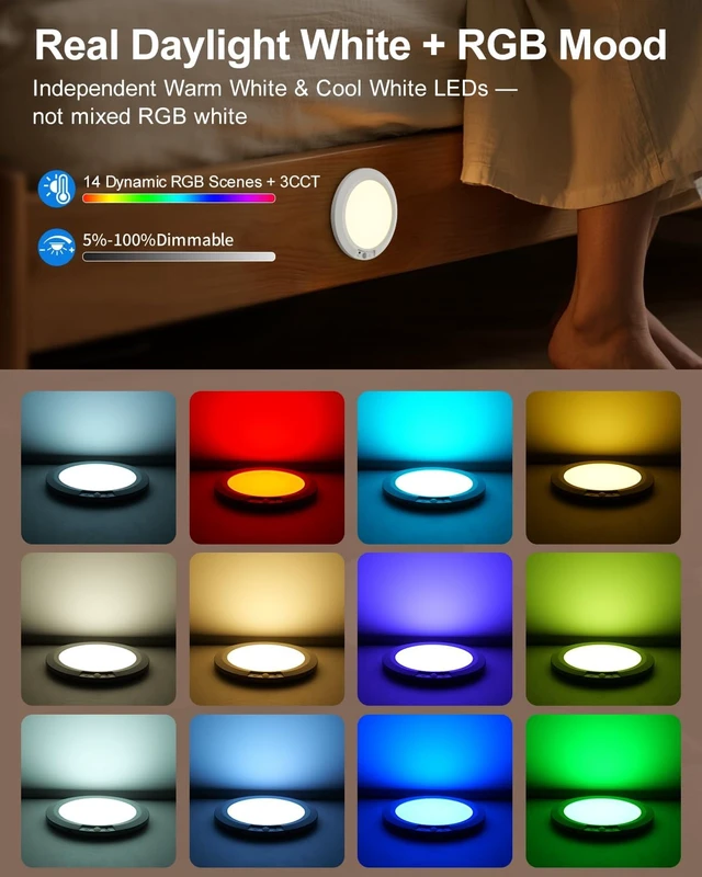 Alt view image 3 of 7 - 8000mAh Rechargeable RGBCW Motion Sensor Ceiling Light, Tunable White & RGB