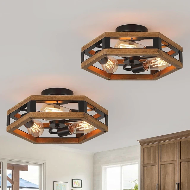 Main image of 2 Pack 3-Light Rustic Farmhouse Wood Flush Mount Ceiling Light Fixture 14.5 inch Oak Wood and Metal Hexagon Cage Semi Flush Mount Ceiling Light for Hallway Hall Entry Bedroom Kitchen Farmhouse, Black