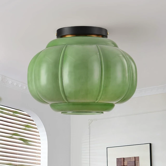 Main image of 11in Green Glass Flush Mount Ceiling Light, Vintage Light Fixture