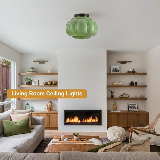 Alt view image 5 of 7 - 11in Green Glass Flush Mount Ceiling Light, Vintage Light Fixture