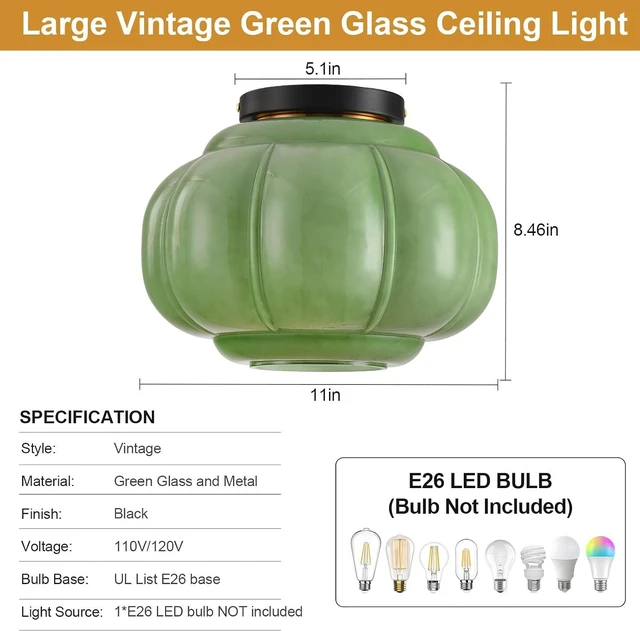 Alt view image 7 of 7 - 11in Green Glass Flush Mount Ceiling Light, Vintage Light Fixture