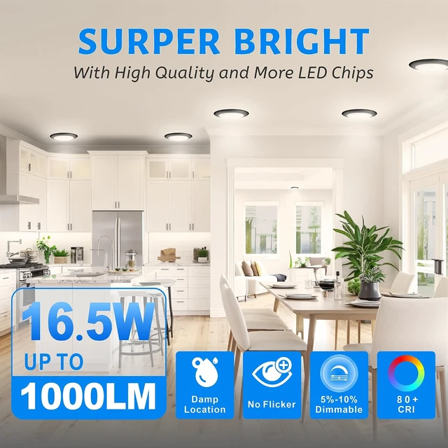 Alt view image 2 of 7 - ECOELER Black 6inch Dimmable LED Disk Lights, 3CCT Selectable Flush Mount Ceiling Light Fixture, 16.5W 1100Lm, Low Profile Surface Mount for Recessed Can or Junction Box, ETL Listed, 10 Pack
