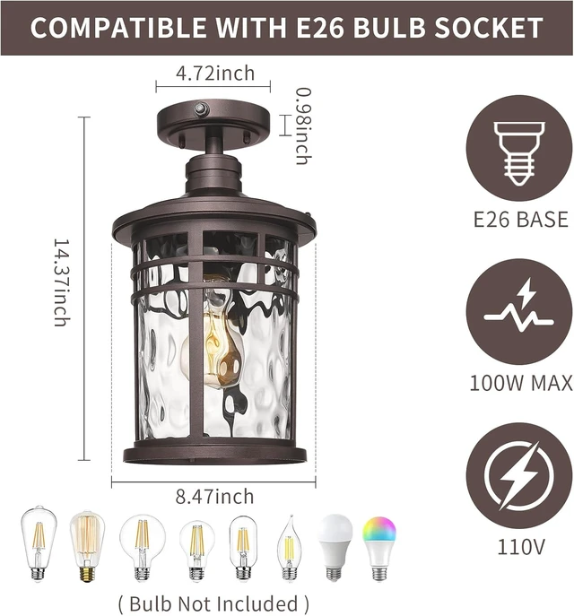 Alt view image 3 of 7 - Darkaway Semi Ceiling Light Fixtures, Dusk to Dawn Flush Mount 14.37inch Large Ceiling Lighting with Waterproof Water Ripple Glass Shade for Outdoor Hallway Porch Entryway