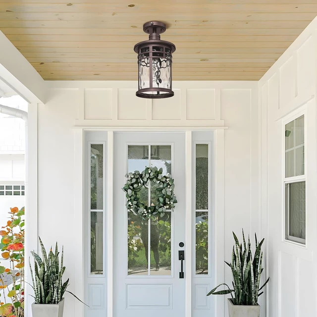 Alt view image 7 of 7 - Darkaway Semi Ceiling Light Fixtures, Dusk to Dawn Flush Mount 14.37inch Large Ceiling Lighting with Waterproof Water Ripple Glass Shade for Outdoor Hallway Porch Entryway