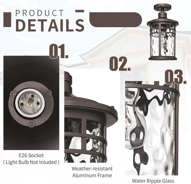 Alt view image 4 of 7 - Darkaway Semi Ceiling Light Fixtures, Dusk to Dawn Flush Mount 14.37inch Large Ceiling Lighting with Waterproof Water Ripple Glass Shade for Outdoor Hallway Porch Entryway