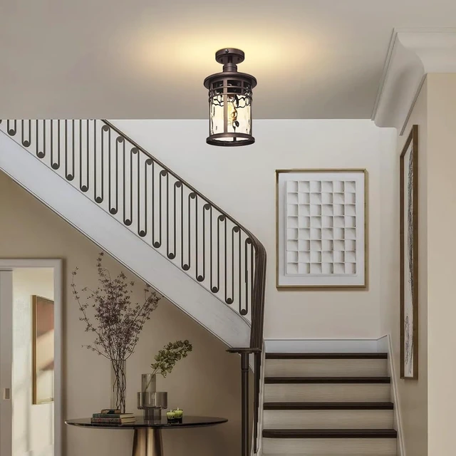 Alt view image 5 of 7 - Darkaway Semi Ceiling Light Fixtures, Dusk to Dawn Flush Mount 14.37inch Large Ceiling Lighting with Waterproof Water Ripple Glass Shade for Outdoor Hallway Porch Entryway