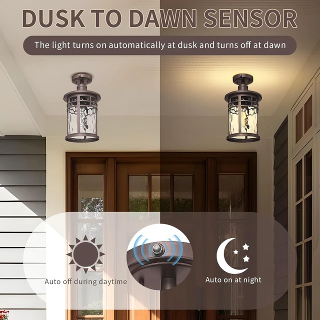 Alt view image 2 of 7 - Darkaway Semi Ceiling Light Fixtures, Dusk to Dawn Flush Mount 14.37inch Large Ceiling Lighting with Waterproof Water Ripple Glass Shade for Outdoor Hallway Porch Entryway