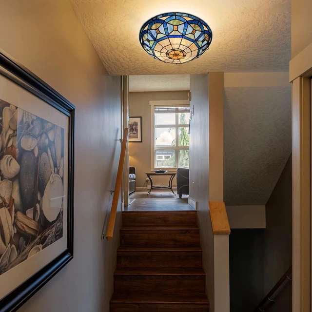 Alt view image 4 of 7 - ARTZONE Tiffany Ceiling Light, 3-Light 16 Inch Stained Glass Flush Mount for Bedroom, Dining, Living Room, Entryway, Foyer