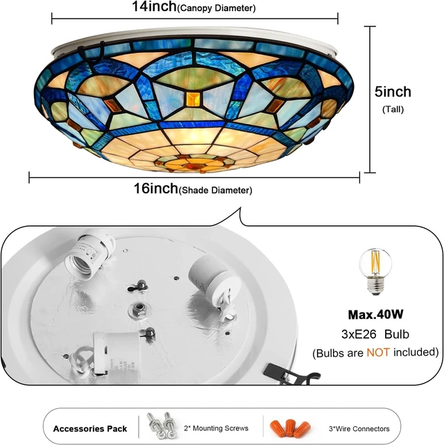 Alt view image 6 of 7 - ARTZONE Tiffany Ceiling Light, 3-Light 16 Inch Stained Glass Flush Mount for Bedroom, Dining, Living Room, Entryway, Foyer