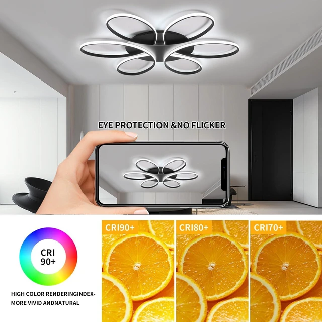 Alt view image 3 of 7 - Modern LED Ceiling Light Fixture Black Flush Mount Ceiling Lamp with Remote Control Dimmable 6 Rings Flower Shaped Ideal for Living Room Bedroom Tearoom Kitchen (95CM/37.4IN)