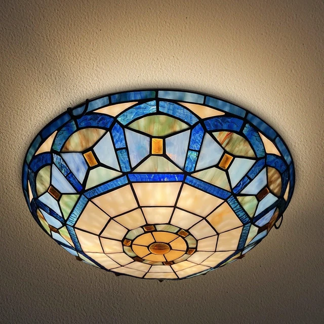 Alt view image 7 of 7 - ARTZONE Tiffany Ceiling Light, 3-Light 16 Inch Stained Glass Flush Mount for Bedroom, Dining, Living Room, Entryway, Foyer