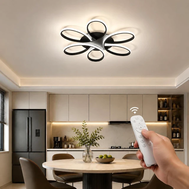 Alt view image 2 of 7 - Modern LED Ceiling Light Fixture Black Flush Mount Ceiling Lamp with Remote Control Dimmable 6 Rings Flower Shaped Ideal for Living Room Bedroom Tearoom Kitchen (95CM/37.4IN)