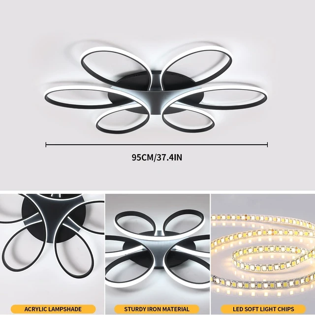 Alt view image 4 of 7 - Modern LED Ceiling Light Fixture Black Flush Mount Ceiling Lamp with Remote Control Dimmable 6 Rings Flower Shaped Ideal for Living Room Bedroom Tearoom Kitchen (95CM/37.4IN)