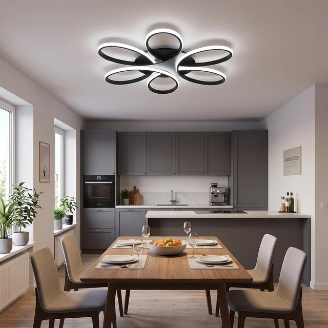Alt view image 7 of 7 - Modern LED Ceiling Light Fixture Black Flush Mount Ceiling Lamp with Remote Control Dimmable 6 Rings Flower Shaped Ideal for Living Room Bedroom Tearoom Kitchen (95CM/37.4IN)