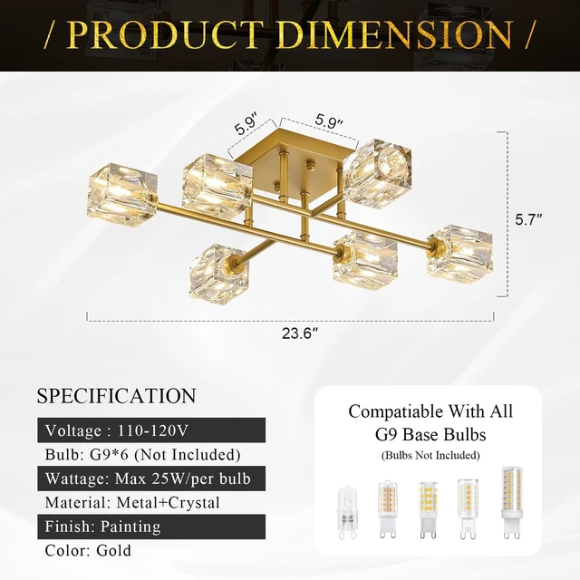 Alt view image 3 of 7 - Gold Crystal Sputnik Chandeliers 6-Light 24" Ceiling Light