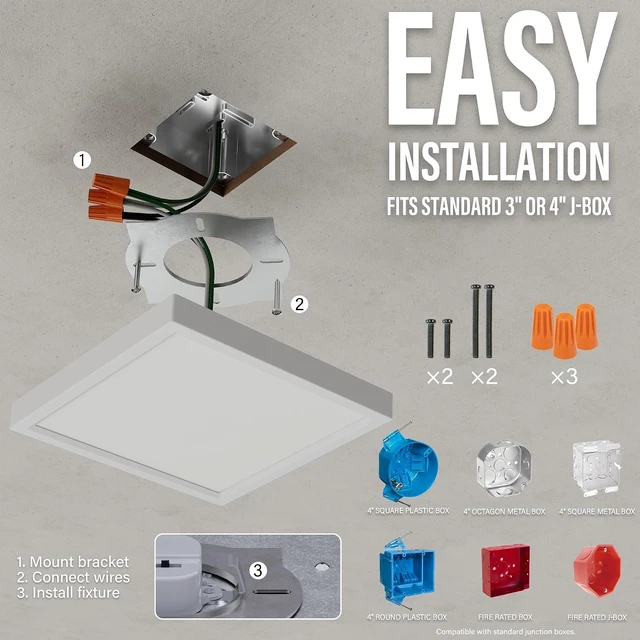 Alt view image 7 of 7 - 6 Inch Square LED Ceiling Light, Edge-Lit Modern Flush Mount Ceiling Light, 5CCT, 1000LM Dimmable Low Profile Surface Mount Light, ETL & Wet Rated for Bathroom Porch Hallway, White, 4 Packs