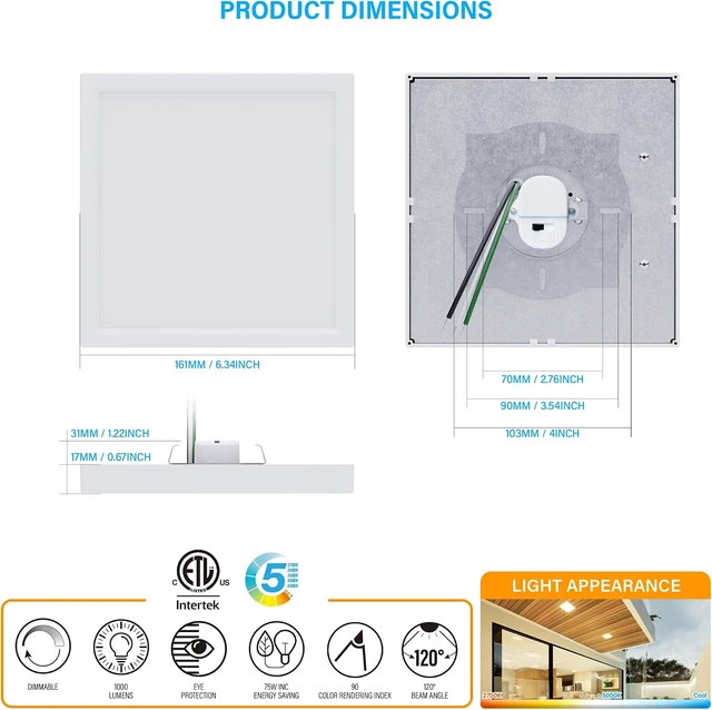 Alt view image 6 of 7 - 6 Inch Square LED Ceiling Light, Edge-Lit Modern Flush Mount Ceiling Light, 5CCT, 1000LM Dimmable Low Profile Surface Mount Light, ETL & Wet Rated for Bathroom Porch Hallway, White, 4 Packs