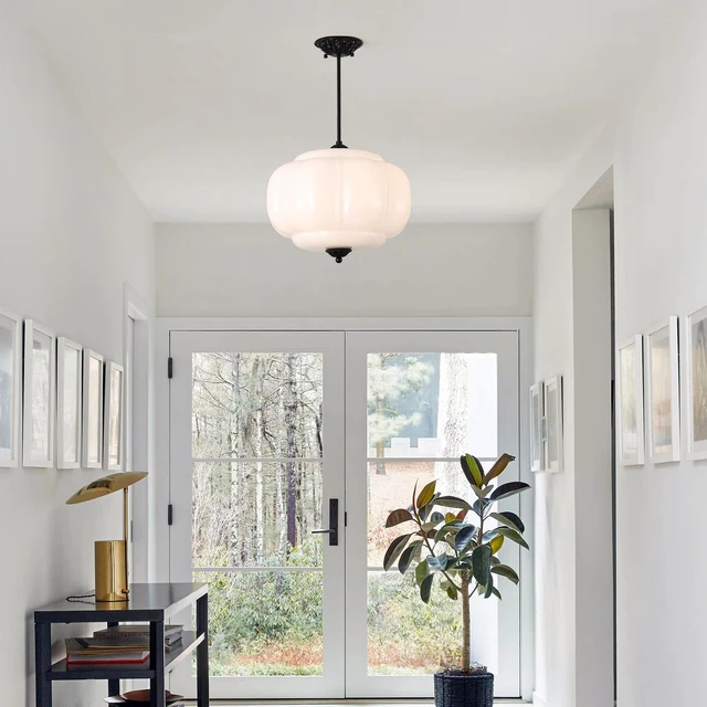 Alt view image 2 of 7 - 15 inch Milk Glass Ceiling Light Fixture, Vintage Semi Flush Mount Pendant Light with Antique Brass Finish, Schoolhouse Light Fixture Antique Chandelier for Kitchen Hallway Foyer Living Room Bedroom