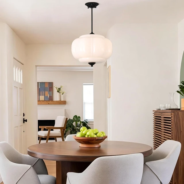 Alt view image 3 of 7 - 15 inch Milk Glass Ceiling Light Fixture, Vintage Semi Flush Mount Pendant Light with Antique Brass Finish, Schoolhouse Light Fixture Antique Chandelier for Kitchen Hallway Foyer Living Room Bedroom