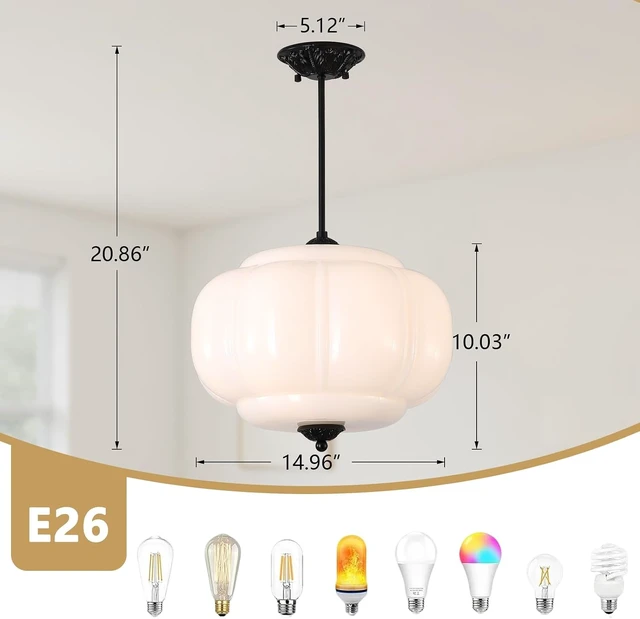 Alt view image 5 of 7 - 15 inch Milk Glass Ceiling Light Fixture, Vintage Semi Flush Mount Pendant Light with Antique Brass Finish, Schoolhouse Light Fixture Antique Chandelier for Kitchen Hallway Foyer Living Room Bedroom