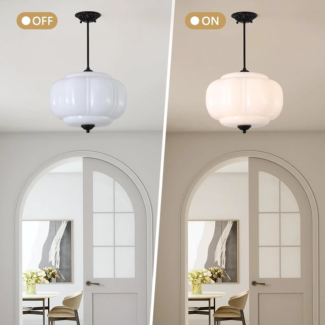 Alt view image 4 of 7 - 15 inch Milk Glass Ceiling Light Fixture, Vintage Semi Flush Mount Pendant Light with Antique Brass Finish, Schoolhouse Light Fixture Antique Chandelier for Kitchen Hallway Foyer Living Room Bedroom