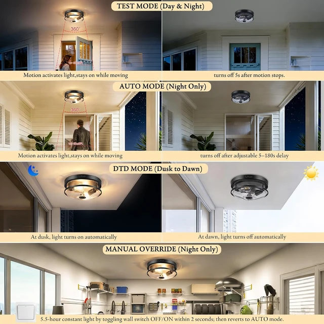 Alt view image 4 of 7 - 10.5Inch Outdoor Ceiling Light with Motion Sensor,Dusk to Dawn Porch Light
