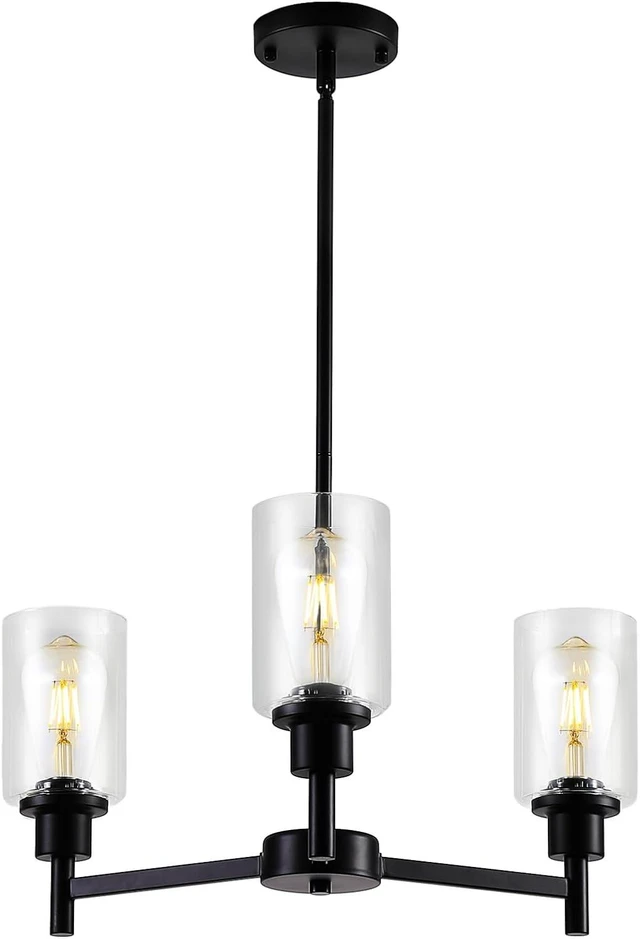 Main image of 9MMML Farmhouse 3-Light Glass Chandelier, Modern Black Chandelier for Kitchen, Dining Room, Living Room, Foyer, E26 Bulb Base