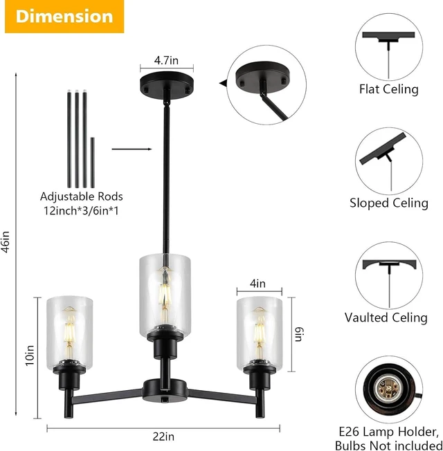 Alt view image 3 of 7 - 9MMML Farmhouse 3-Light Glass Chandelier, Modern Black Chandelier for Kitchen, Dining Room, Living Room, Foyer, E26 Bulb Base