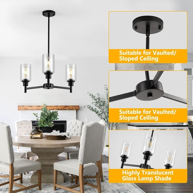 Alt view image 4 of 7 - 9MMML Farmhouse 3-Light Glass Chandelier, Modern Black Chandelier for Kitchen, Dining Room, Living Room, Foyer, E26 Bulb Base