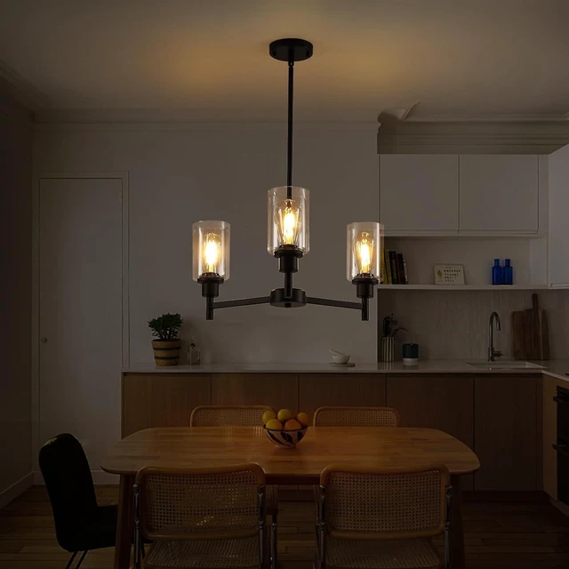 Alt view image 5 of 7 - 9MMML Farmhouse 3-Light Glass Chandelier, Modern Black Chandelier for Kitchen, Dining Room, Living Room, Foyer, E26 Bulb Base
