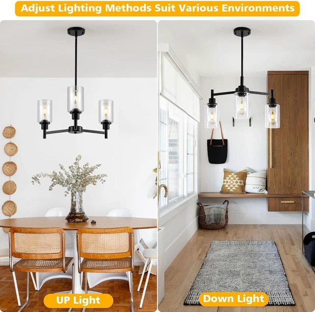 Alt view image 6 of 7 - 9MMML Farmhouse 3-Light Glass Chandelier, Modern Black Chandelier for Kitchen, Dining Room, Living Room, Foyer, E26 Bulb Base