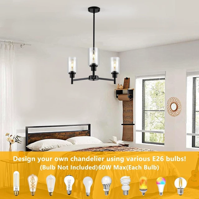 Alt view image 7 of 7 - 9MMML Farmhouse 3-Light Glass Chandelier, Modern Black Chandelier for Kitchen, Dining Room, Living Room, Foyer, E26 Bulb Base