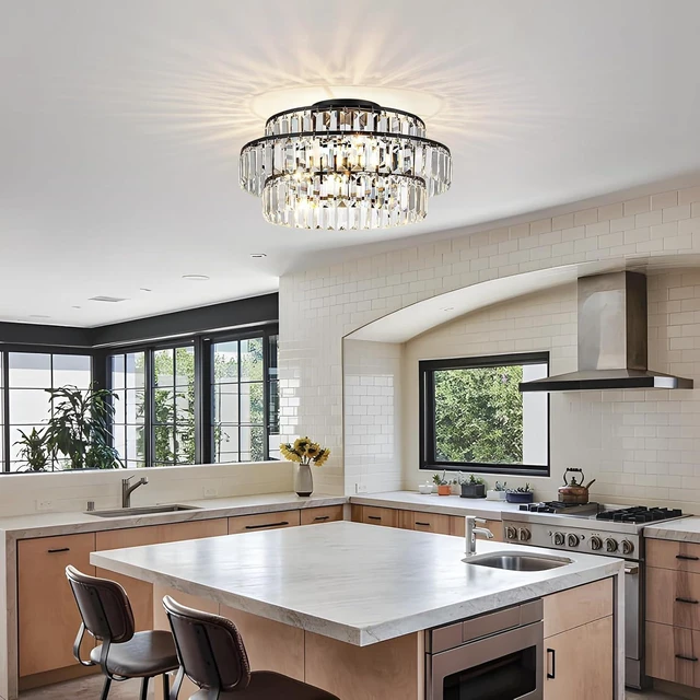 Alt view image 4 of 7 - Black Flush Mount Chandelier,Modern Hanging Crystal Flush Mount Ceiling Light Fixtrue,Crystal Ceiling Mount Lighting for Living Room Foyer Bedroom Hallway Entryway