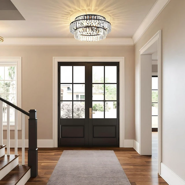 Alt view image 5 of 7 - Black Flush Mount Chandelier,Modern Hanging Crystal Flush Mount Ceiling Light Fixtrue,Crystal Ceiling Mount Lighting for Living Room Foyer Bedroom Hallway Entryway