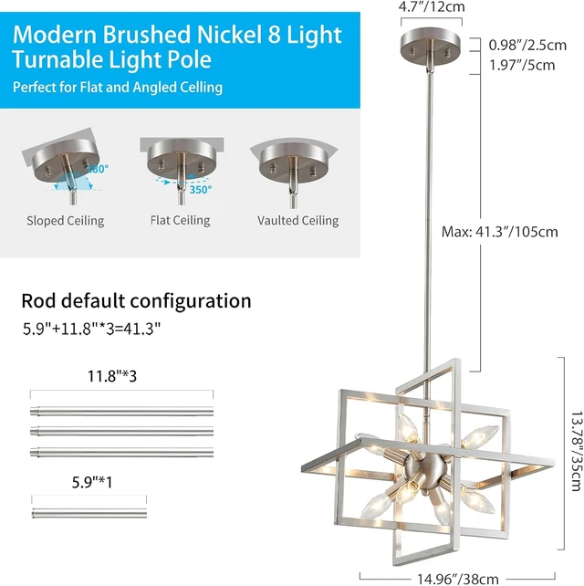 Alt view image 2 of 7 - XINGQI 15 Modern Chandelier 8-Light Brushed Nickel Geometric Pendant Lighting Farmhouse Ceiling Light Fixtures for Dining Room Living Room Kitchen Island Bedroom Hallway
