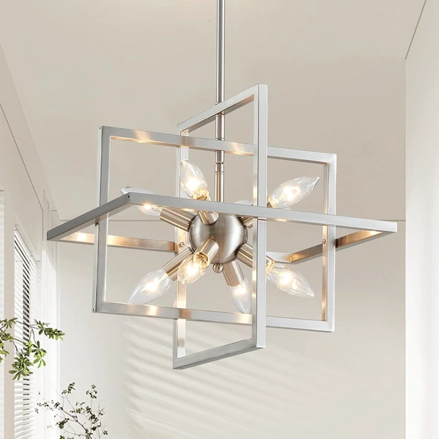 Main image of XINGQI 15 Modern Chandelier 8-Light Brushed Nickel Geometric Pendant Lighting Farmhouse Ceiling Light Fixtures for Dining Room Living Room Kitchen Island Bedroom Hallway