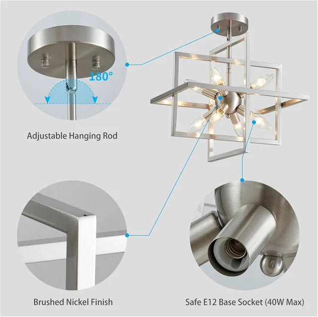 Alt view image 3 of 7 - XINGQI 15 Modern Chandelier 8-Light Brushed Nickel Geometric Pendant Lighting Farmhouse Ceiling Light Fixtures for Dining Room Living Room Kitchen Island Bedroom Hallway