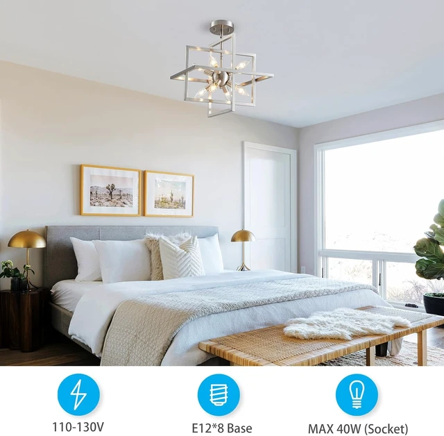 Alt view image 6 of 7 - XINGQI 15 Modern Chandelier 8-Light Brushed Nickel Geometric Pendant Lighting Farmhouse Ceiling Light Fixtures for Dining Room Living Room Kitchen Island Bedroom Hallway