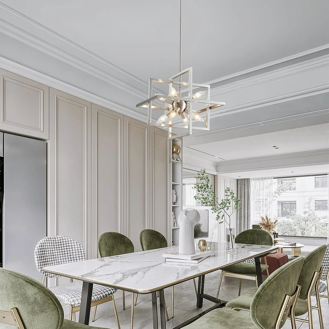 Alt view image 7 of 7 - XINGQI 15 Modern Chandelier 8-Light Brushed Nickel Geometric Pendant Lighting Farmhouse Ceiling Light Fixtures for Dining Room Living Room Kitchen Island Bedroom Hallway