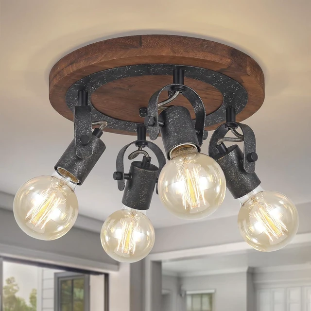 Main image of Rustic Track Lighting Fixtures Ceiling, 4-Light Farmhouse Flush Mount Ceiling Light, Dark Wood and Distressed Black Metal Directional Kitchen Lighting Fixtures for Hallway Dining Room