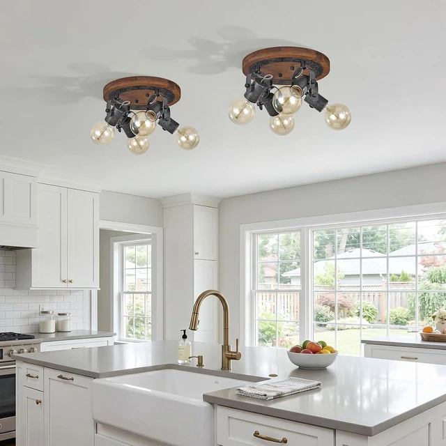 Alt view image 2 of 7 - Rustic Track Lighting Fixtures Ceiling, 4-Light Farmhouse Flush Mount Ceiling Light, Dark Wood and Distressed Black Metal Directional Kitchen Lighting Fixtures for Hallway Dining Room