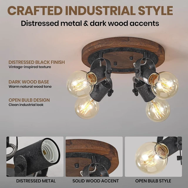Alt view image 4 of 7 - Rustic Track Lighting Fixtures Ceiling, 4-Light Farmhouse Flush Mount Ceiling Light, Dark Wood and Distressed Black Metal Directional Kitchen Lighting Fixtures for Hallway Dining Room