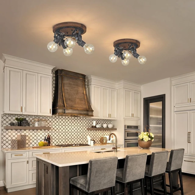 Alt view image 5 of 7 - Rustic Track Lighting Fixtures Ceiling, 4-Light Farmhouse Flush Mount Ceiling Light, Dark Wood and Distressed Black Metal Directional Kitchen Lighting Fixtures for Hallway Dining Room